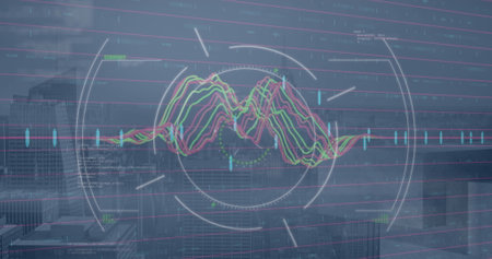 Image of scope scanning over data processing against aerial view of cityscape. Computer interface and business technology conceptの写真素材