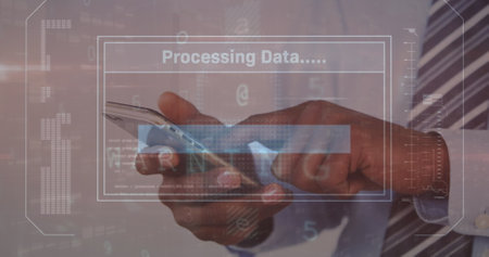 Image of interface with data processing against mid section of businessman using a smartphone. Computer interface and business technology conceptの写真素材