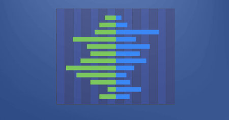 Image of statistical data processing against blue background. Computer interface and business data technology conceptの写真素材