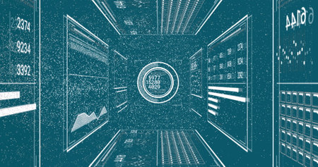 Image of nft text banner and interface with data processing against blue background. Cryptocurrency...