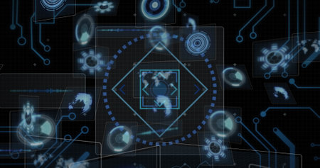 Image of data processing over computer circuit board. Global computing, digital interface and data...