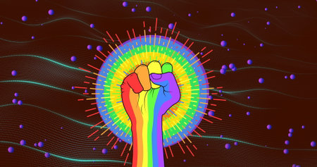 Image of lines and circles around lgbtqi hand doing fist over dynamic wave pattern in background....