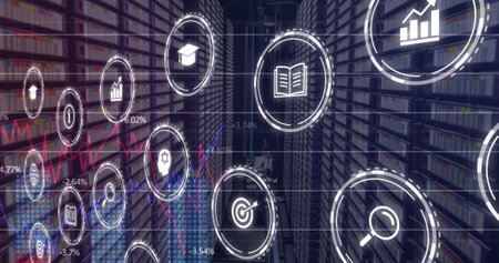 Image of multiple digital icons and statistical data processing against computer server room. Computer interface and business data storage technology conceptの写真素材