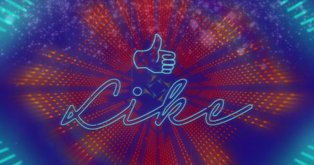 Image of like thumbs up icon over neon purple tunnel. Global social media, connections, computing...
