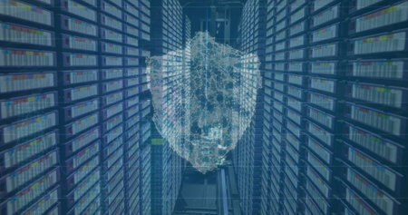 Image of shield and data processing over computer servers. Global cyber security, business,...