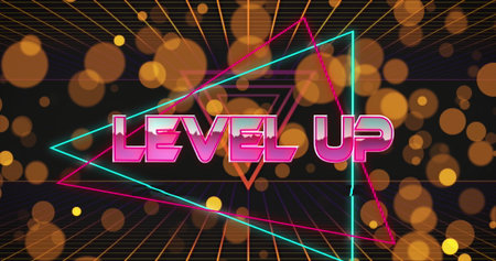 Image of level up text and triangles over grid and lens flares. Digitally generated, light,...