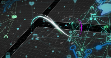 Image of infinity symbol and globes of digital icons against interface with data processing. Global...