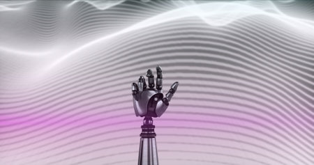 Image of glowing pink light over robot's arm. Global artificial intelligence, connections, computing and data processing concept digitally generated image.の写真素材