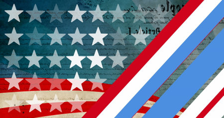 Image of american flag stars and stripes over constitution. America, celebration, tradition, freedom, rights and patriotism, digitally generated image.の写真素材