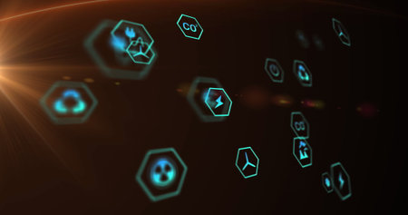 Image of orange light spot and multiple digital icons against black background. Computer interface and business technology conceptの写真素材