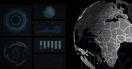 Image of spinning globe over round scanners, microprocessor connections and data processing. Global...