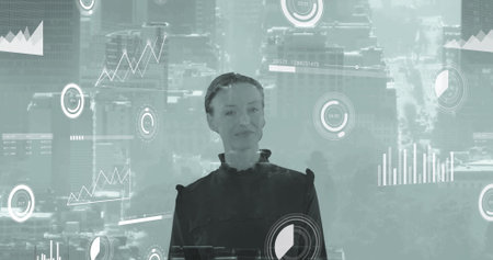 Image of financial data processing over caucasian businesswoman. Global business, finances, computing and data processing concept digitally generated image.の写真素材