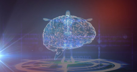 Image of glowing light over human body with brain. Global artificial intelligence, connections, computing and data processing concept digitally generated image.の写真素材