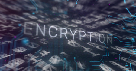 Image of encryption text banner over binary coding and microprocessor connections. Computer interface and cyber security technology conceptの写真素材