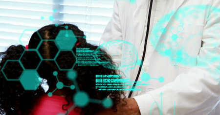 Image of codes, brain, molecule structure over caucasian doctor examining girl in hospital. Digital composite, science, medical, healthcare, hospital, childhood, anatomy, research, database.の写真素材
