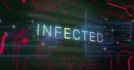 Image of infected text banner over connecting dots and microprocessor connections. Computer interface and cyber security technology conceptの写真素材