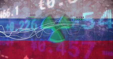 Image of multiple graphs and numbers with fan icon over russian national flag. Digitally generated, patriotism, business, report, economy, finance, electrical equipment and illuminated concept.の写真素材