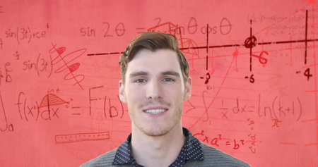 Image of happy caucasian male student over maths equations and geometry on pink paper. Mathematics,...