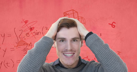 Image of happy caucasian male student over maths equations and geometry on pink paper. Mathematics,...