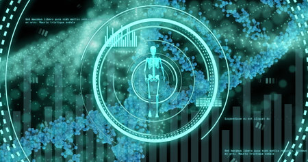 Image of walking skeleton in loading circles over dna helix and computer language. Digitally generated, hologram, illustration, business, progress, anatomy, medical, molecule, technology concept.の写真素材