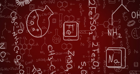 Image of molecule structures, formula, beakers and microorganisms over red background. Digitally generated, hologram, illustration, anatomy, medical, education, healthcare and technology.の写真素材