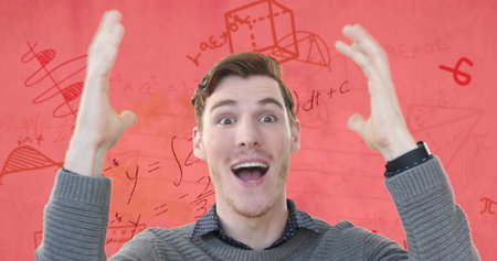 Image of happy caucasian male student over maths equations and geometry on pink paper. Mathematics, problem solving, learning, exams and education, digitally generated image.の写真素材