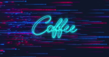 Image of coffee text over neon lines on black background. Drink, venue and communication concept digitally generated image.の写真素材