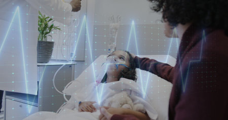Image of data processing over biracial girl patient with mother in hospital. Global medicine,...