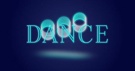 Image of dance text over circles on blue background. Dance, music, digital interface and communication digitally generated image.の写真素材