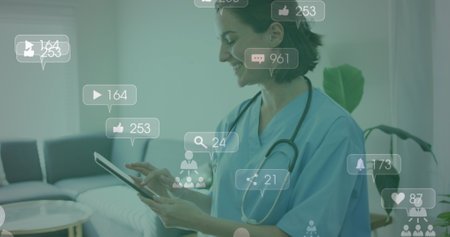 Image of medical icons and data processing over caucasian female doctor. Global medicine, healthcare, computing and data processing concept digitally generated image.の写真素材