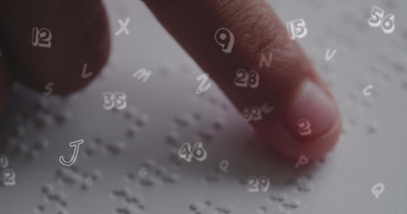 Image of numbers over caucasian schoolgirl reading braille. Global disability, education, learning, school, computing and data processing concept digitally generated image.の写真素材