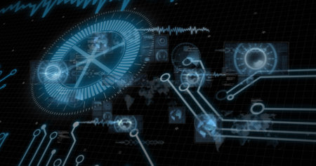 Image of data processing over computer circuit board. Global computing, digital interface and data...