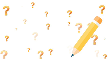 Image of pencil icon and question marks over white background. Global education, learning, school,...