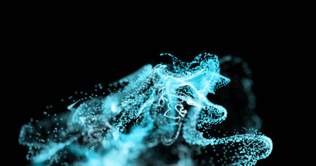 Image of dots forming dynamic wave pattern against black background. Digitally generated, hologram, illustration, data, connection, illuminated, futuristic and technology concept.の写真素材