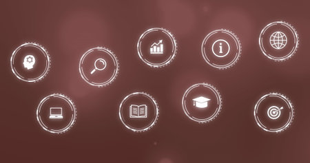 Image of business icons over light spots on brown background. Global business, computing and digital interface concept digitally generated image.の写真素材