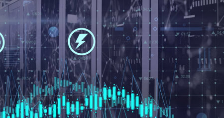 Image of multiple graphs and icons over connected dots on data server racks in server room. Digital composite, multiple exposure, report, business, communication, data center and networking.の写真素材