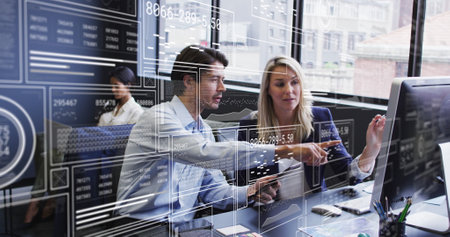 Image of graphs, changing number, loading bars, circles, caucasian coworkers discussing reports. Digital composite, multiple exposure, report, business, growth, teamwork and technology concept.の写真素材