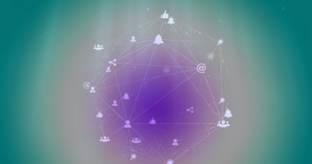 Image of purple pattern in connected icons forming globe against blue background. Digitally...