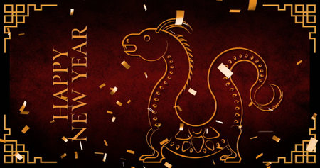 Image of happy new year text, dragon and chinese pattern. Chinese new year, new year&#39;s eve, festivity, celebration and tradition concept digitally generated image.の写真素材