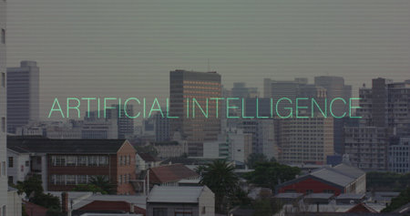 Image of artificial intelligence text over cityscape. Global business and technology concept, digitally generated image.の写真素材