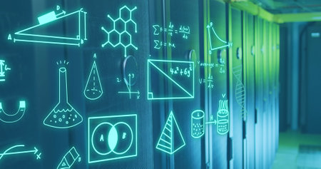 Image of mathematical equation and diagrams over data server room. Digital composite, multiple exposure, illuminated, education, solutions, data center, networking, technology and network server.の写真素材