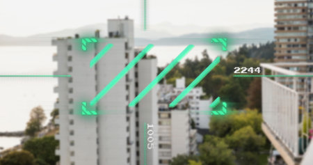 Image of lines in viewfinder, changing numbers over modern buildings against sea and mountains. Digital composite, multiple exposure, business, growth and architecture concept.の写真素材