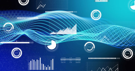 Image of blue digital mesh waving on blue background. Global connections networks and data...