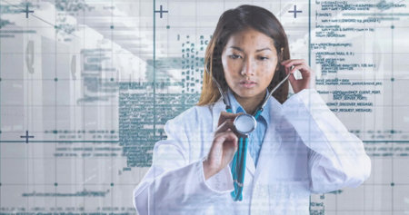 Image of financial data processing over caucasian female doctor. Global medicine, business, connections, computing and data processing concept digitally generated image.の写真素材