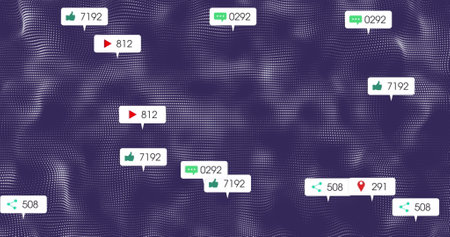 Image of notification bars over dynamic wave pattern against abstract background. Digitally generated, hologram, data, connection, illuminated, social media and technology concept.の写真素材