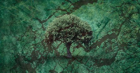 Image of flickering distressed pattern moving in seamless loop over green tree silhouette on green background. Vintage colour and movement concept digitally generated image.の写真素材