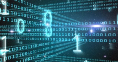 Image of binary coding data processing and light spot against blue background. Computer interface...