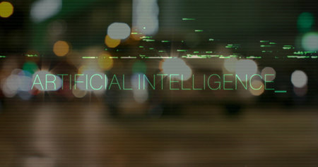 Image of artificial intelligence text over cityscape. Global business and technology concept, digitally generated image.の写真素材