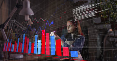Image of financial data processing over caucasian woman in workshop. Global business, computing,...