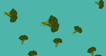 Image of green broccoli florets falling on blue background. food and nutrition concept digitally generated image.の写真素材